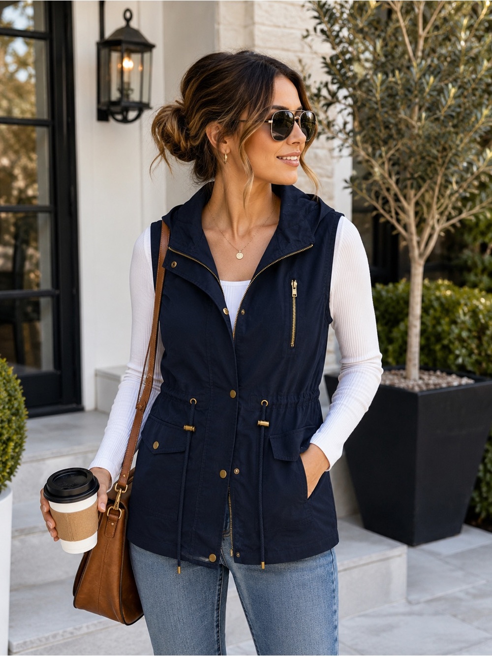 2Sable Women’s Hooded Utility Vest Navy Blue Drawstring Waist Snap Front Size L